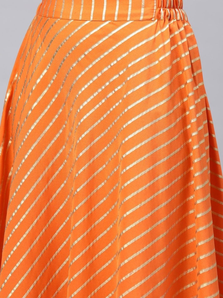 Ahalyaa Women's Orange Crepe Gold Print Top Skirt With Printed Jacket | Grocsy