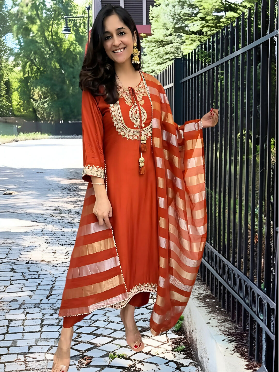 The52 Orange Women's Gorgeous Embroidered work Chanderi Fabric Straight Kurta, Pant and Dupatta Set | Grocsy