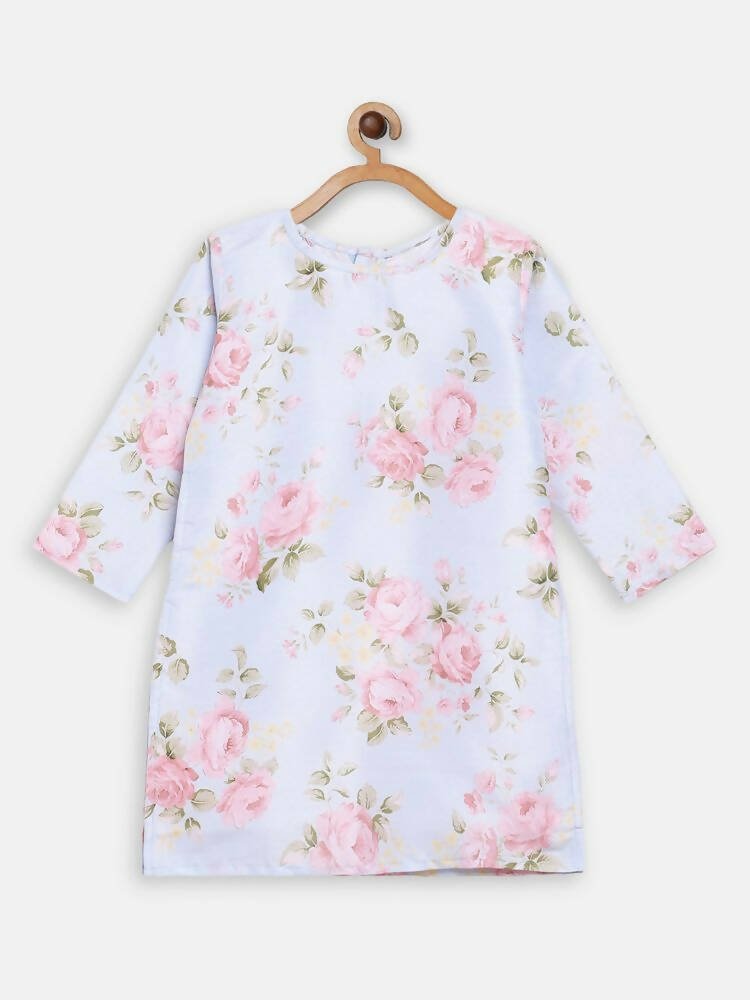 Ahalyaa Pink Polysilk Floral Printed Kids Kurta Dhoti Set For Girls | Grocsy