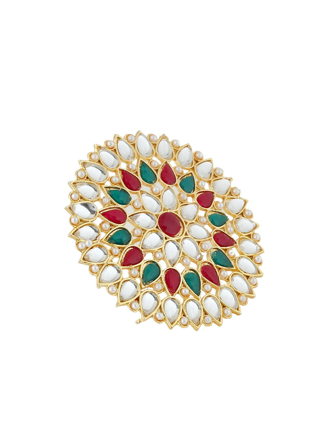 NVR Women's Traditional Ethnic Kundan Meenakari Gold-Polished Ajustable Finger Ring | Grocsy