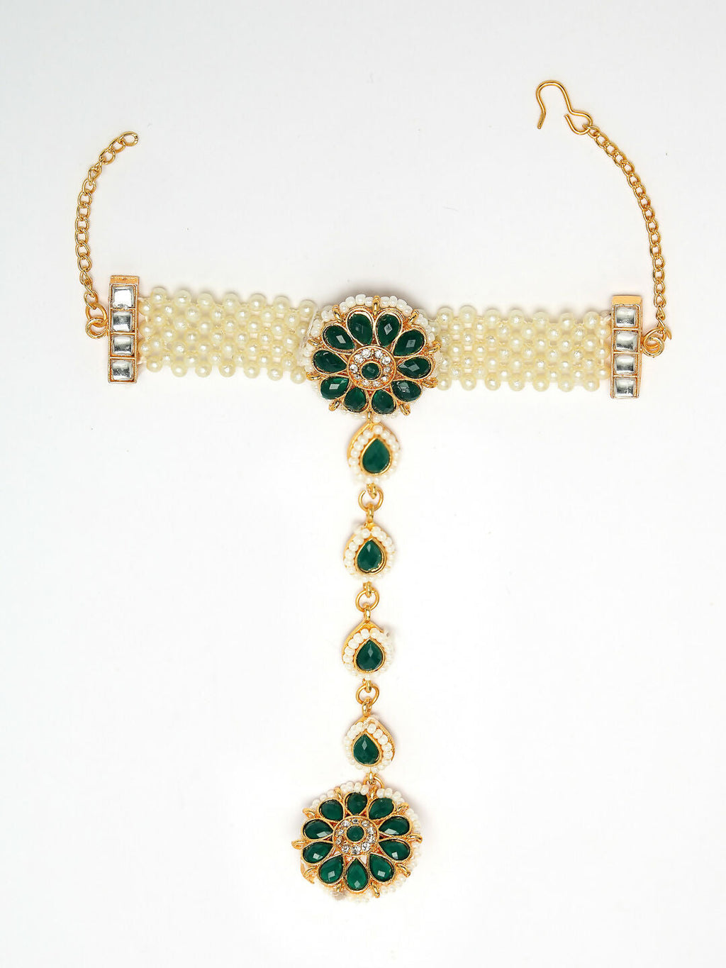 NVR Women's Green Gold-Polished Stone Studded Handcrafted Ring Bracelet | Grocsy