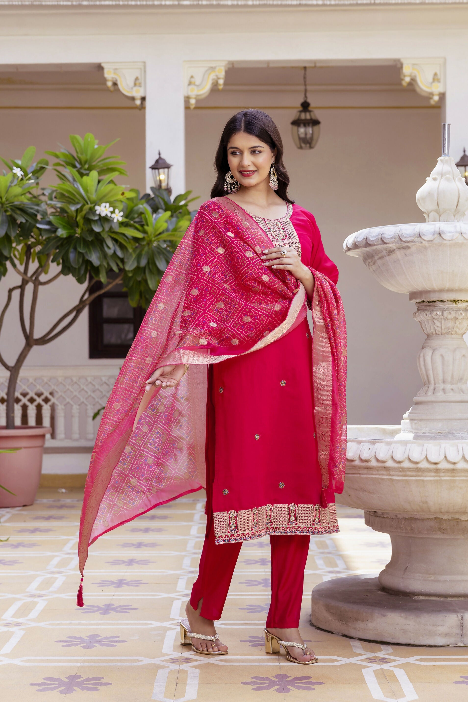 The52 Women's Beautiful Embroidery Work Viscose Chanderi Fabric Straight Kurta Pant and Dupatta Set-Red | Grocsy