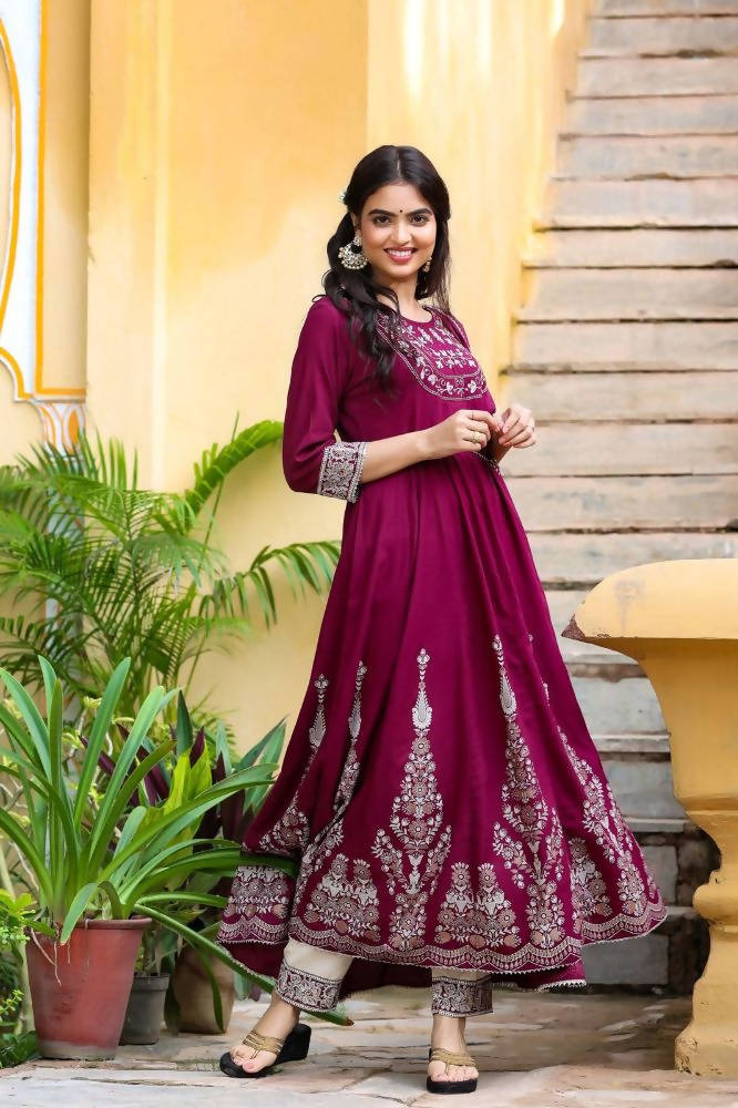 Yufta Women's Burgundy Anarkali Kurta Dupatta Set | Grocsy