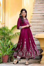 Yufta Women's Burgundy Anarkali Kurta Dupatta Set | Grocsy