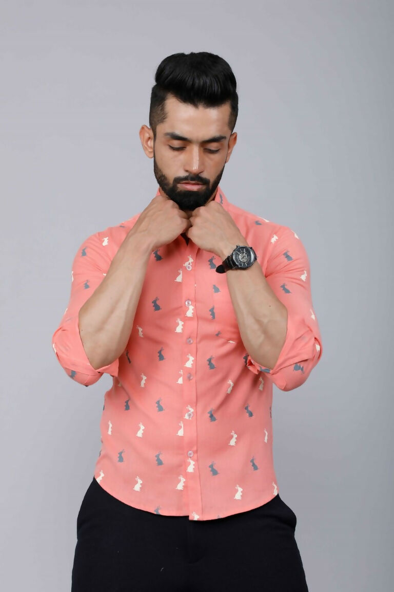 Miravan Men's Peach Spread Collar Animal Print Partywear Shirt | Grocsy