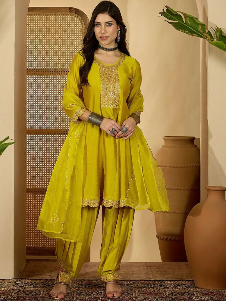 The52 Women's Beautiful Embroidery Work Vichitra Fabric A-line Kurta Pant and Dupatta Set | Grocsy