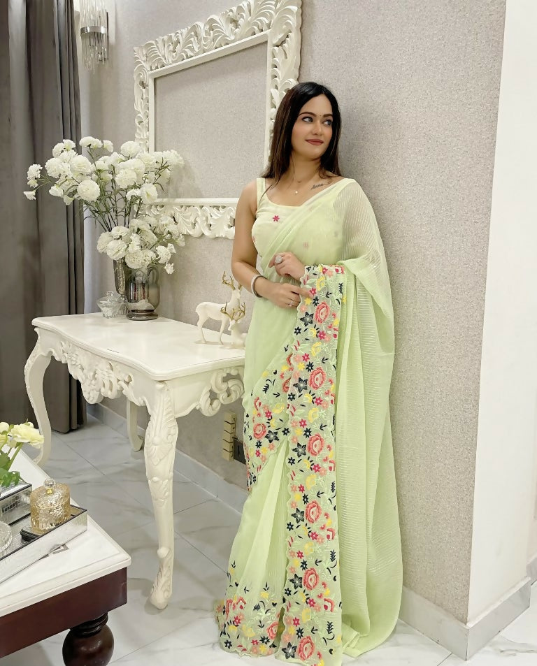 Green Shimmer Silk Multi Thread Sequence Embroidery Work Saree - Kashta | Grocsy