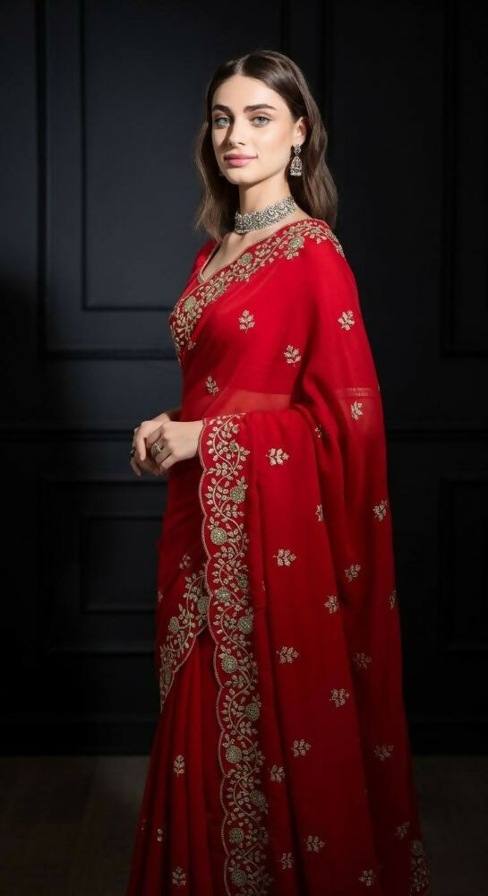 Joban Fashion Red Fandy Satin Silk Party Wear Sarees | Grocsy
