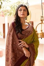 Joban Fashion Grass Green Crepe Chiffon Pure Handloom Banarasi Silk Saree | Grocsy