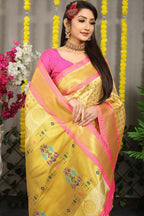 Jyoti Fashion Women's Cream Banarasi Silk Zari Woven Saree with Blouse | Grocsy