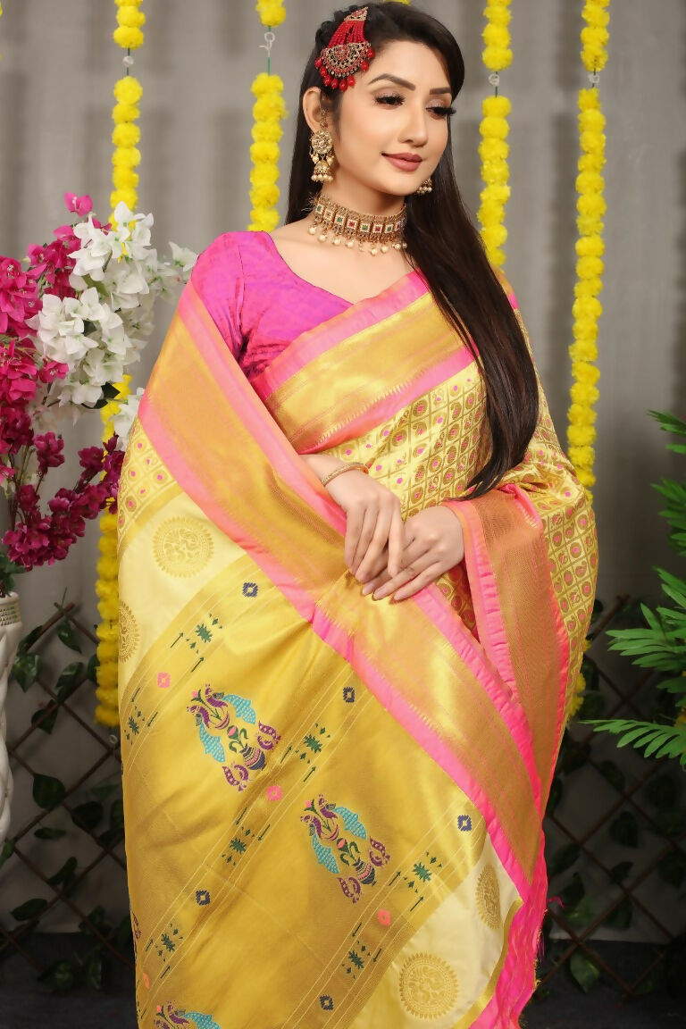 Jyoti Fashion Women's Cream Banarasi Silk Zari Woven Saree with Blouse | Grocsy