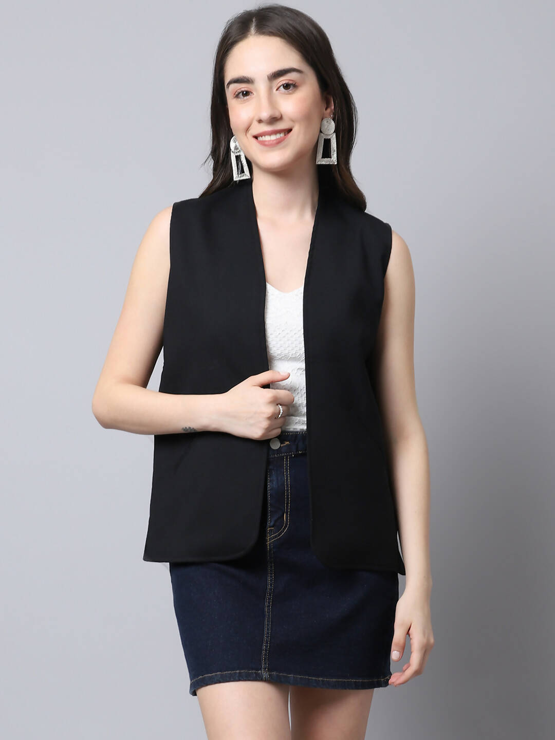 Even Apparels Black Linen Cotton Open Front Women's Waistcoat | Grocsy
