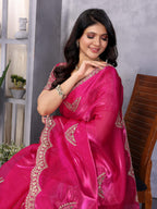 Vastranavya Pink Embroidery Work Shimmer Chiffon Saree with Unstitched Blouse | Grocsy