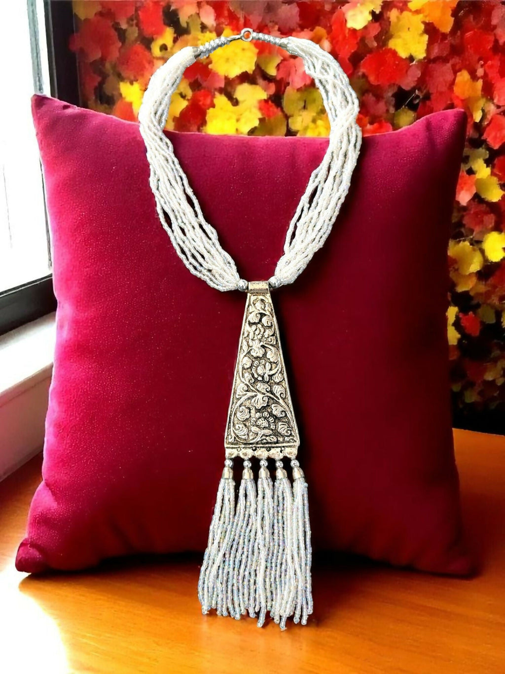 Inhanns Day-To-Dinner Tie Shaped Oxidized Black Metal Multi-Layered Long Only Necklace - White | Grocsy