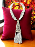 Inhanns Day-To-Dinner Tie Shaped Oxidized Black Metal Multi-Layered Long Only Necklace - White | Grocsy
