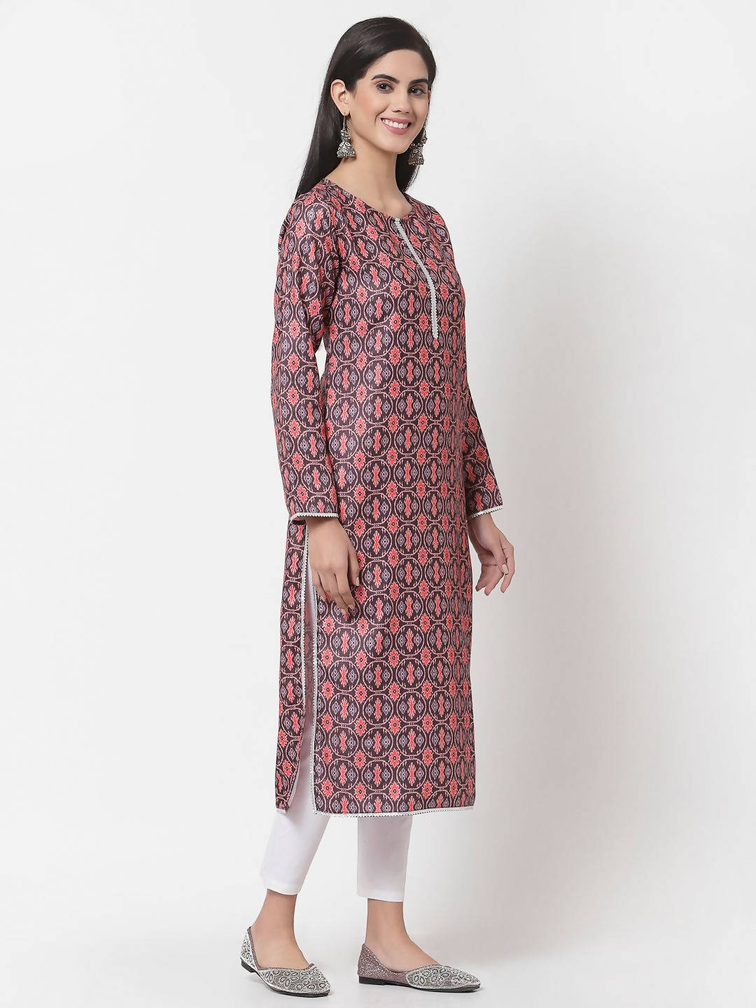 Myshka Multi Printed Polyester Full Sleeve Round Neck Casual Kurta | Grocsy