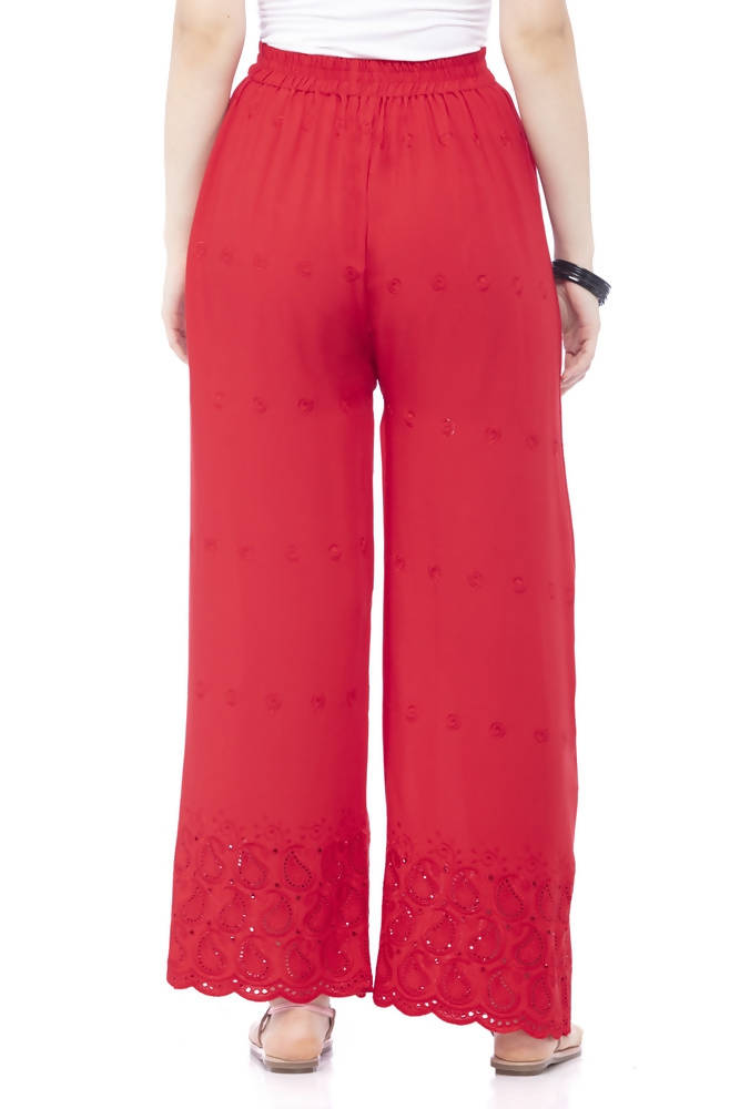 Mominos Fashion Reyon Cotton Red Embroidery Chikan Palazzo | Grocsy