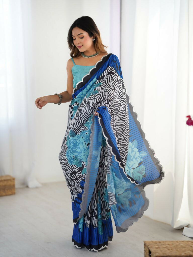 Blue Chinon Designer Digital Printed,Mirror Cut Work Saree - Manvika | Grocsy