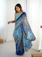 Blue Chinon Designer Digital Printed,Mirror Cut Work Saree - Manvika | Grocsy