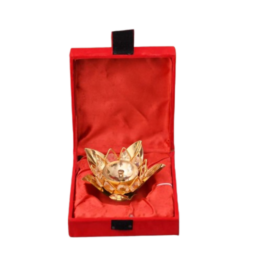 CraftVatika Brass Crystal Lotus Shape Diya Deepak With Gift Box | Grocsy