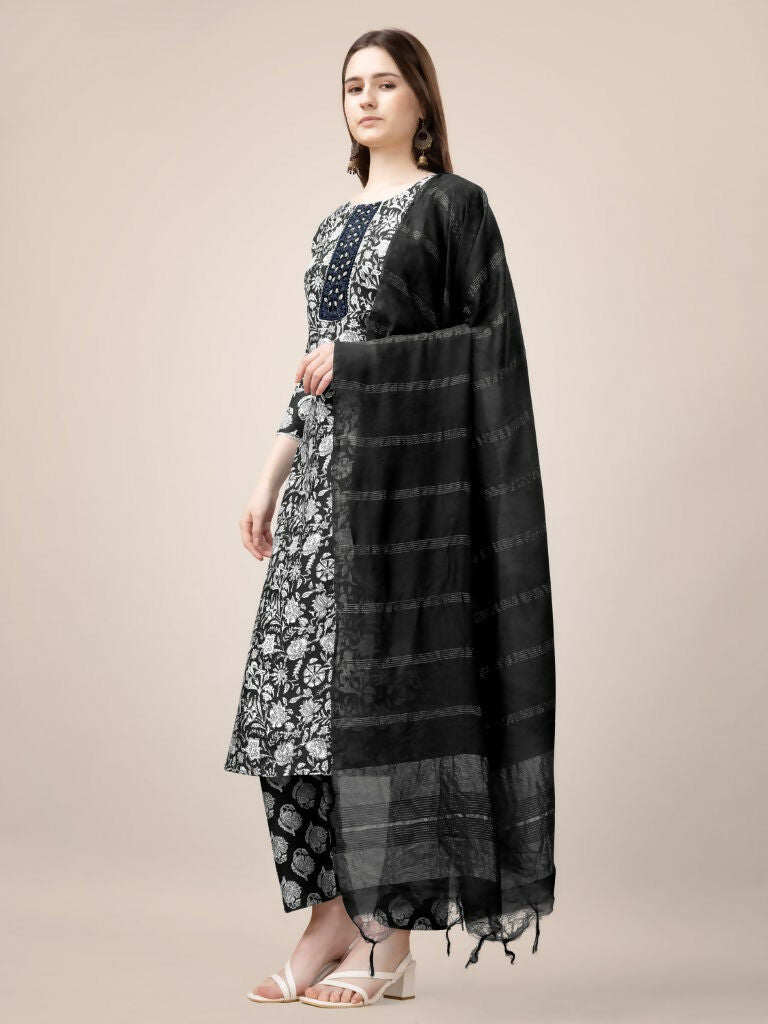 Jyoti Fashion Women's Black Rayon Print with Embroidery & Fancy Lace Work Kurta with Trouser & Dupatta | Grocsy