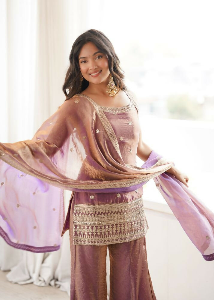 Teeya Creation Mauve Pink Embroidered Frendy Silk Sharara Suit Set | Grocsy