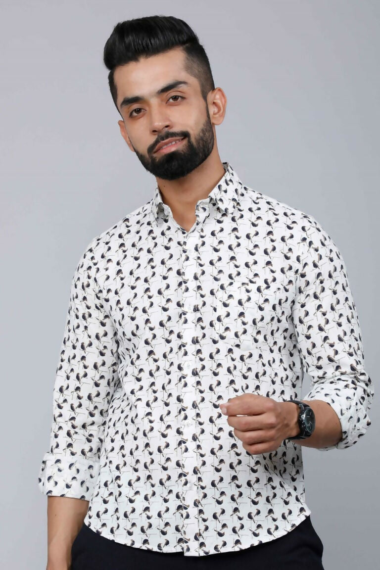 Miravan Men's White Spread Collar Bird Print Casual Shirt | Grocsy