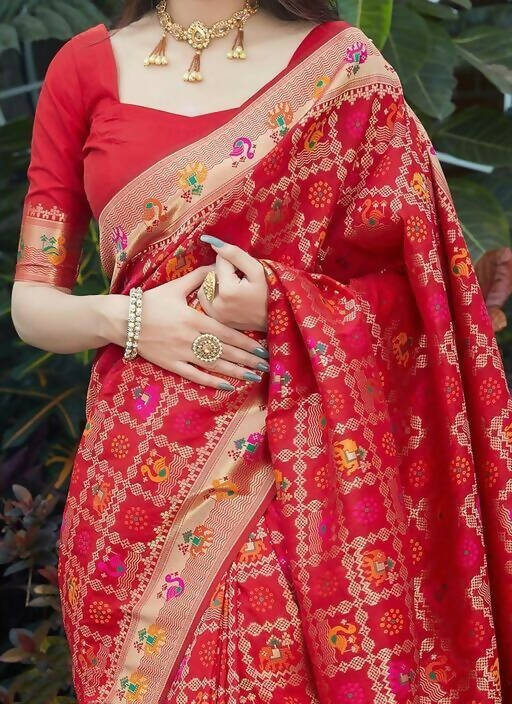 DEIANA'S Beautiful Designer Golden zari Soft Lichi Silk Saree - Red | Grocsy