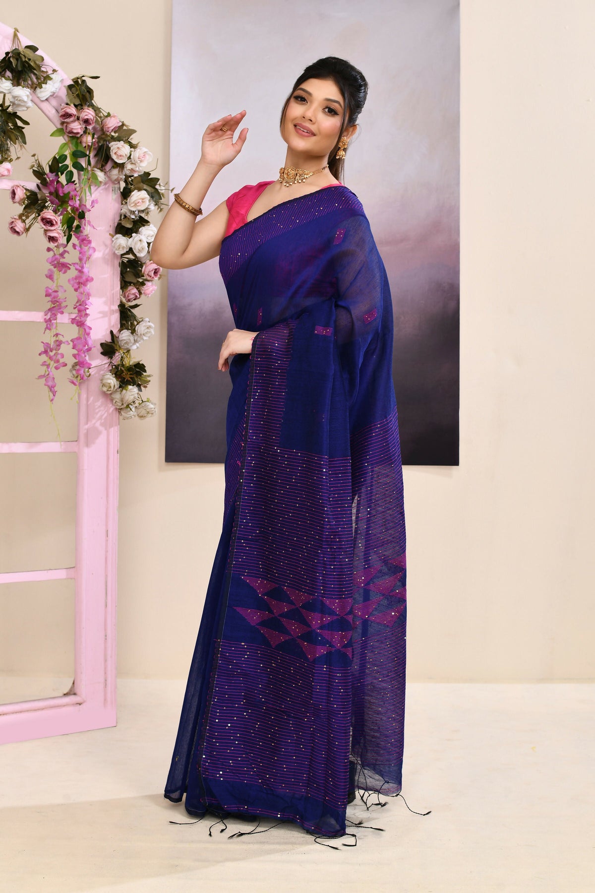 Piyari Fashion Women's Blue Sequins Embellished Cotton Blend Jamdani Saree | Grocsy