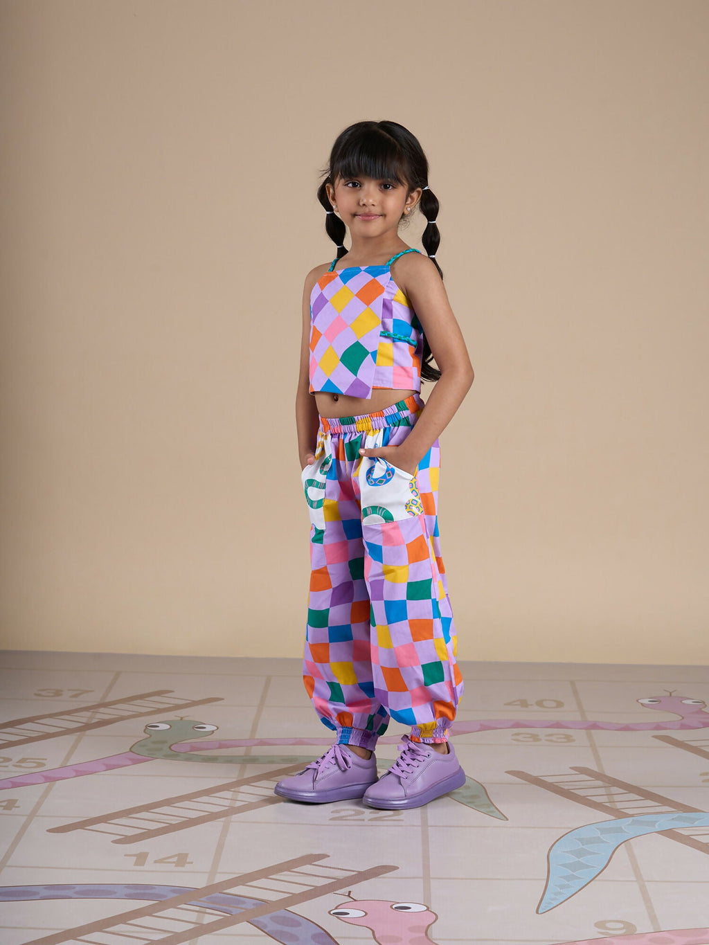 Snakes and Ladders Girls Multi Color Rotary Print Top and Pant Set from Siblings Collection | Grocsy