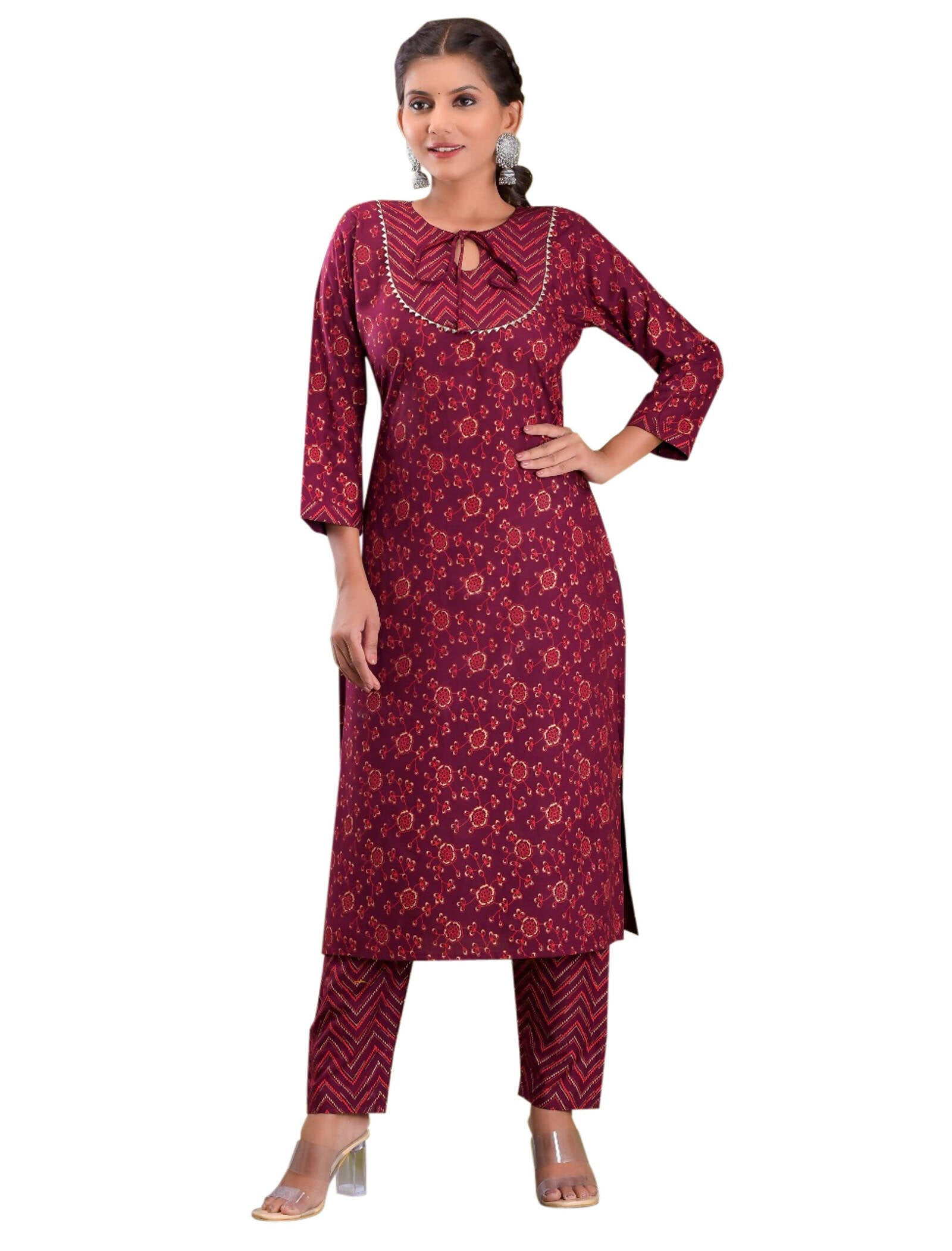 Vamika Foil Print Rayon Wine Red Party Wear/Casual Wear Kurta Set/Suit | Grocsy