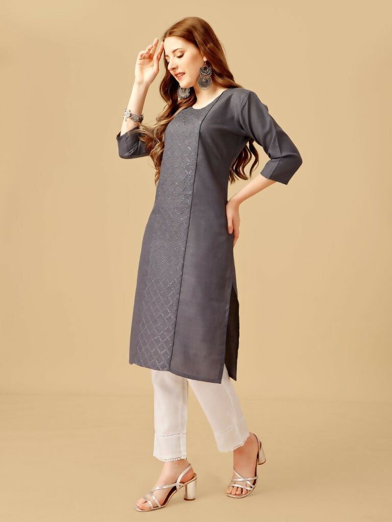 Jyoti Fashion Women's Grey Cotton Blend Embroidered Kurta Pant Set | Grocsy