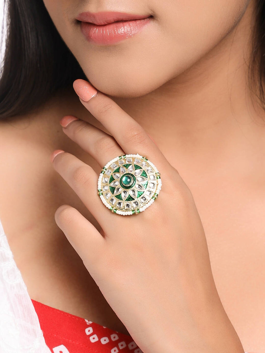 NVR Women's Traditional Kundan Meenakari Gold-Polished Ajustable Finger Ring | Grocsy