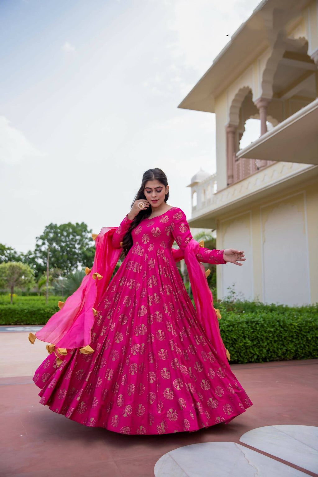 Pink Pure Reyon Gold Foil Work Stitched Suit With Dupatta - Anbazaar | Grocsy