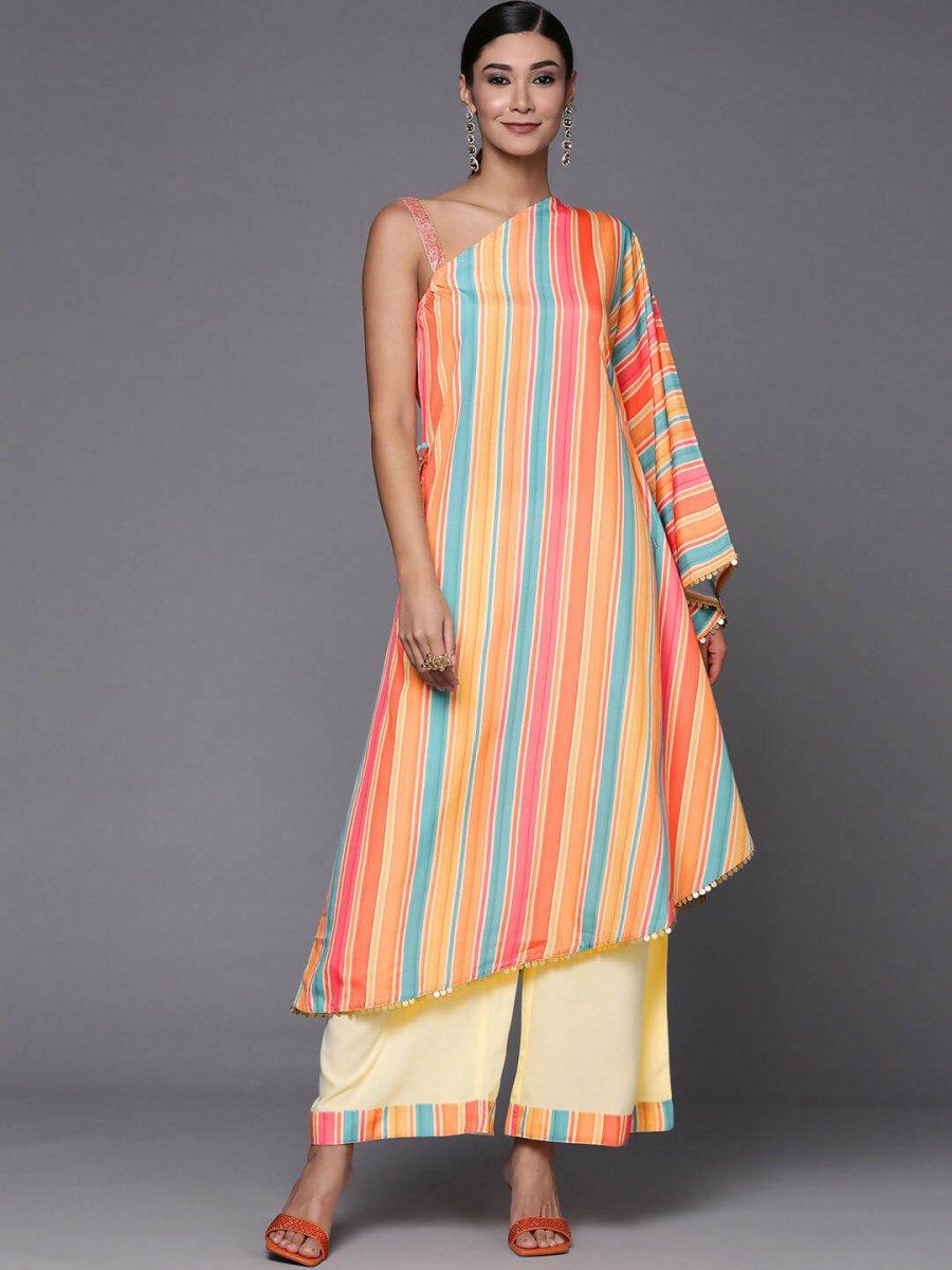 Ahalyaa Peach-Coloured & Blue Printed Striped Asymmetric Taselled Kaftan Kurta Palazzos | Grocsy