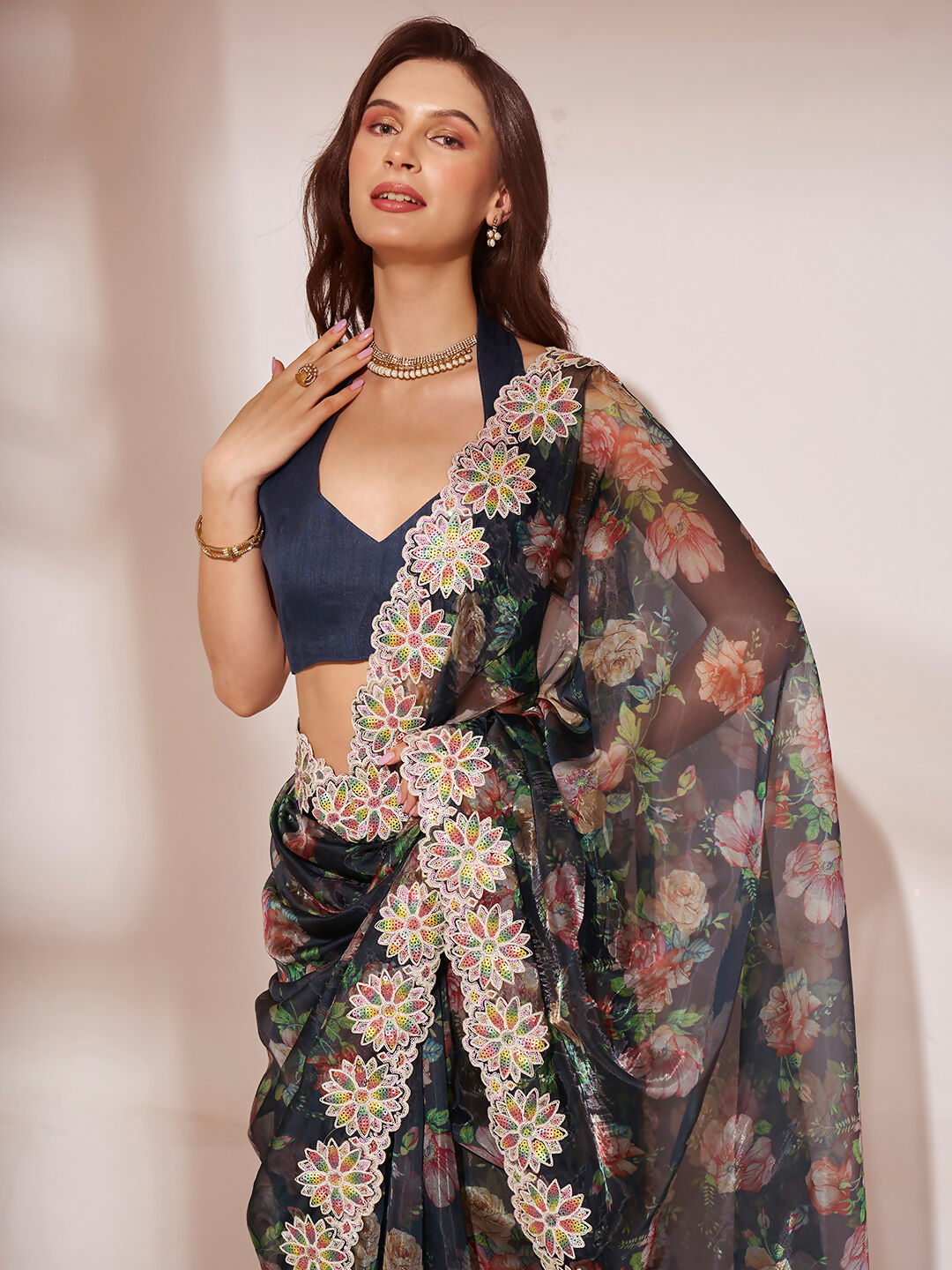 Black Jimmy Choo Designer Work Lace Border & Swarovski Work Saree - Orchid | Grocsy