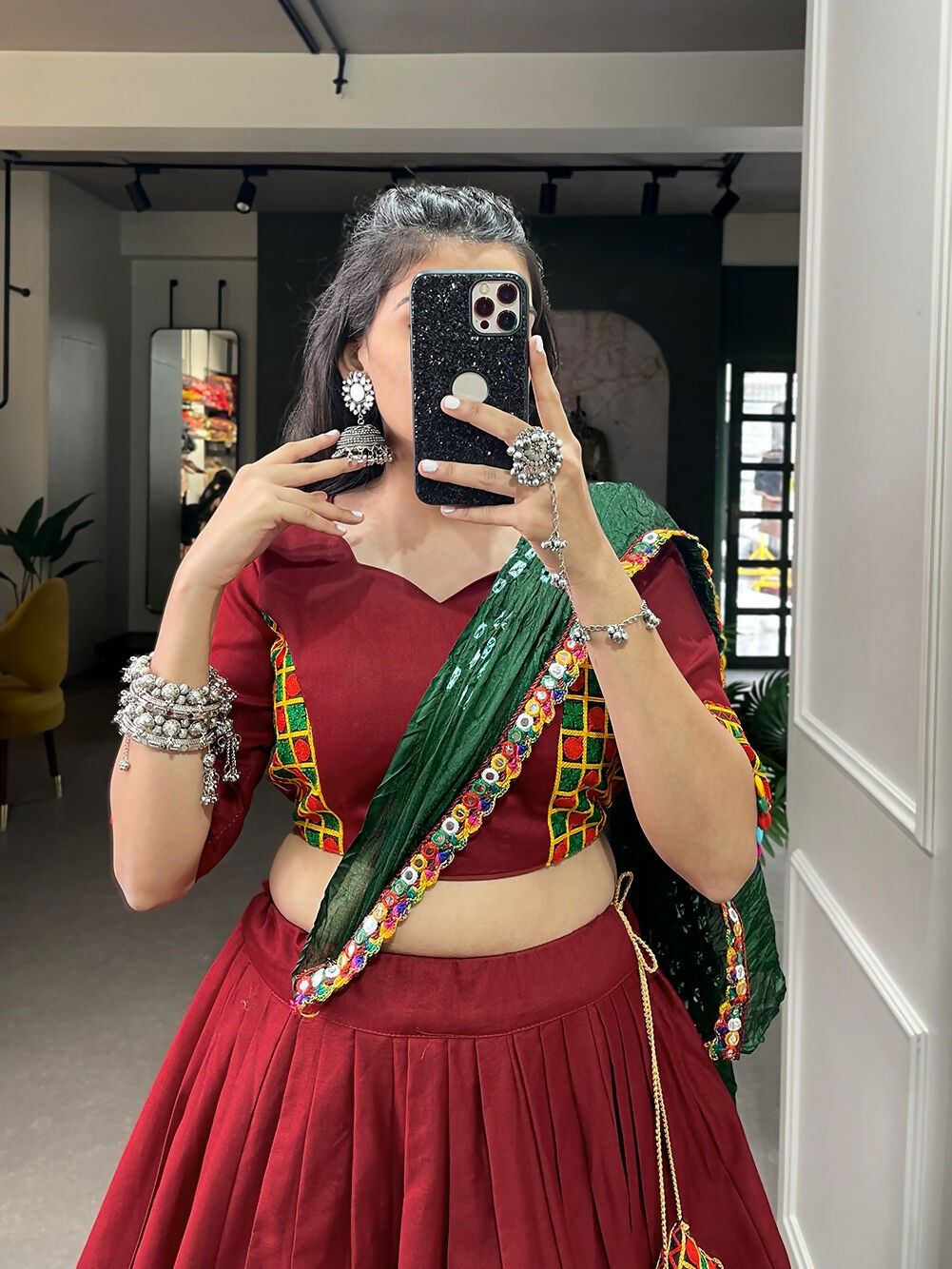 Vastranavya Navaratri Special Pure Cotton Plain With Gotta Patti Touch Up Lehenga Stitched Choli - Maroon | Grocsy