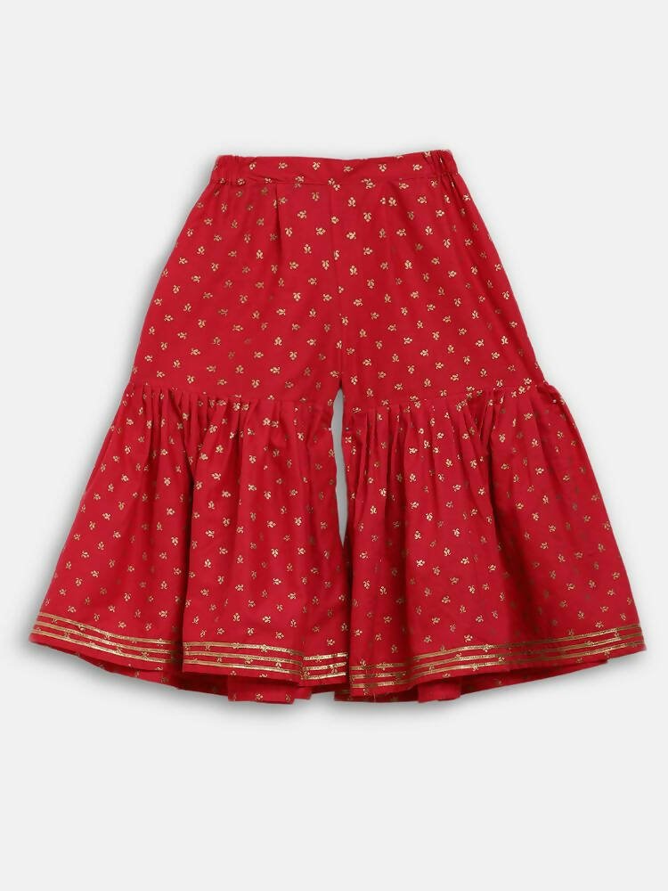 Ahalyaa Red Crepe Gold Printed Kids Kurta Sharara Set For Girls | Grocsy