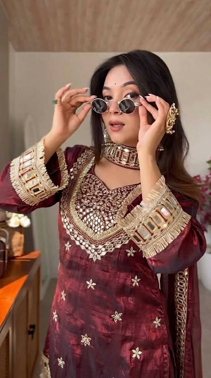 Teeya Creation New Trendy Stylish Real Mirror Work With Lace Border Maroon Kurta Set | Grocsy