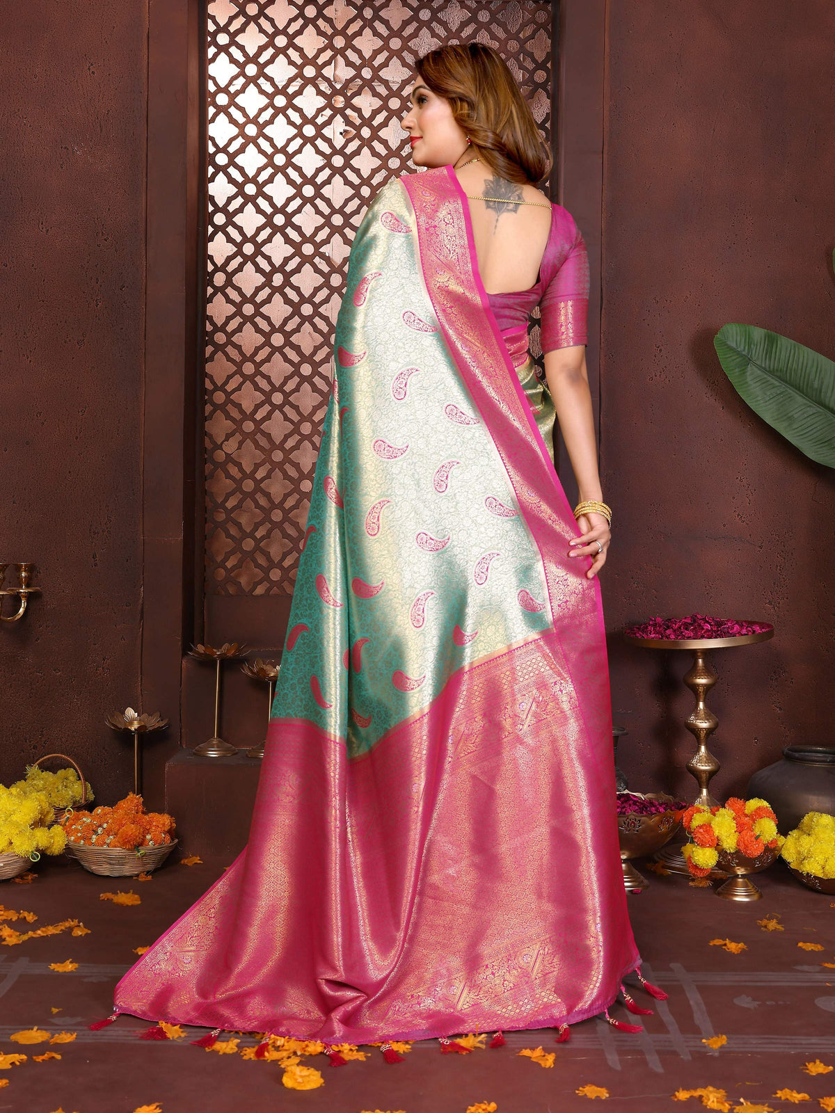 Aastha Fashion Sea Green Tissue Silk Weaving Saree | Grocsy