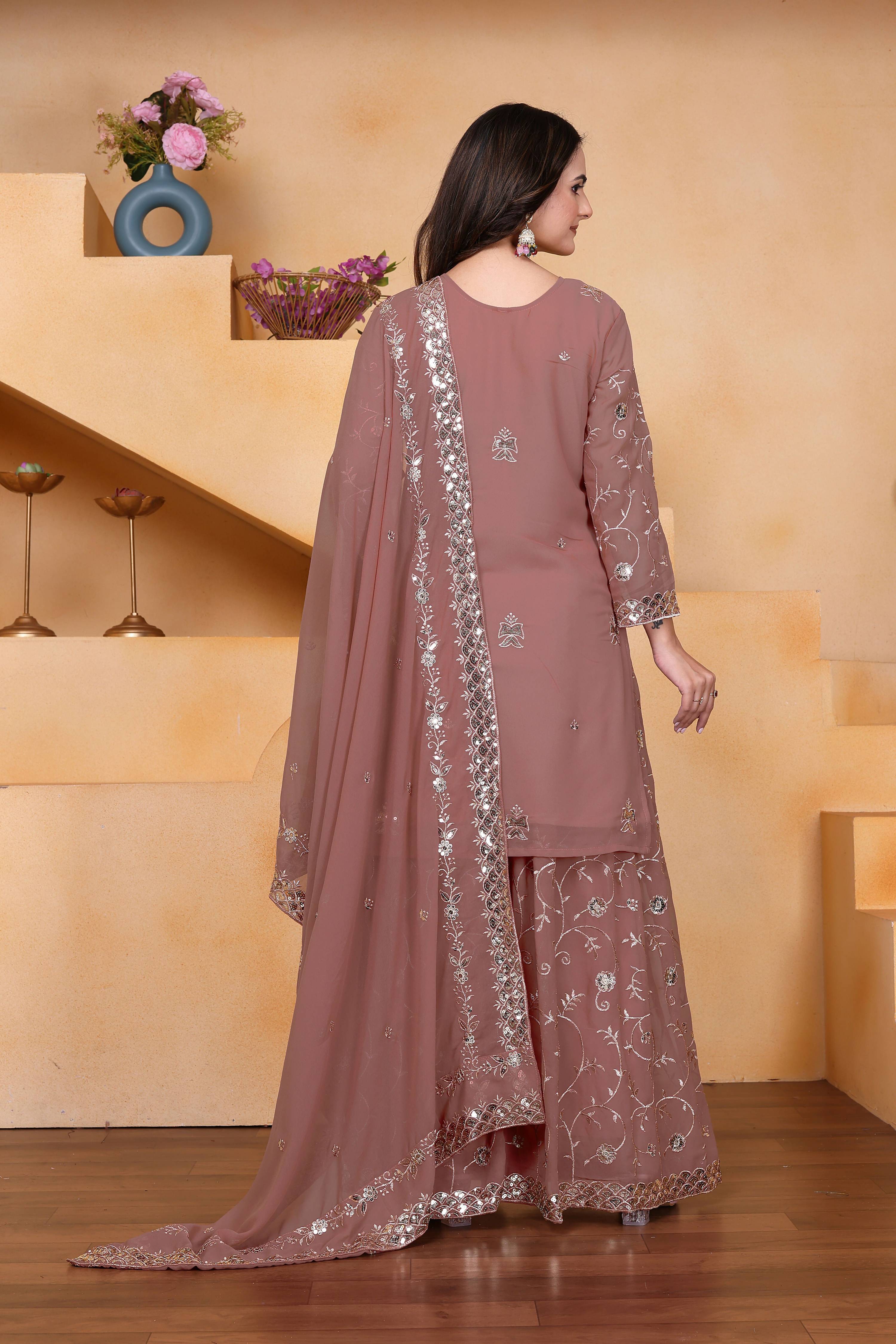 Lehenga Mart Designer Sharara Suit With Kurta, Sharara, Dupatta For Women-Mauve | Grocsy