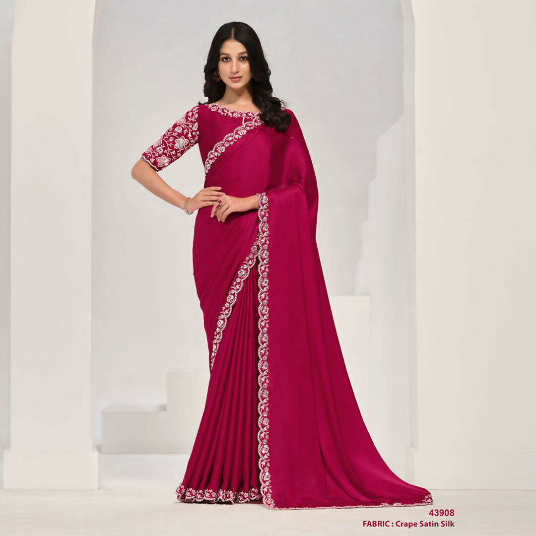 Pink Crepe Satin Silk Sequence Saree With Unstitched Blouse Piece - Norita Saanjh | Grocsy