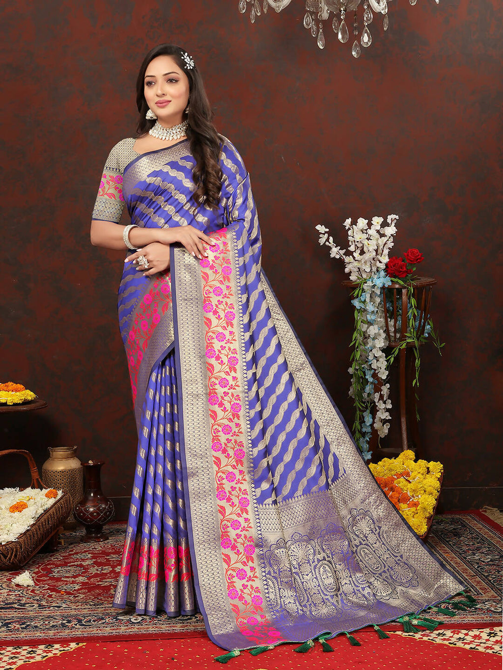 Lorenvalley Fashion Purple Soft Silk Woven Design with Zari Weaving Leheriya Design Saree | Grocsy