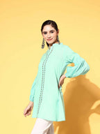 Ahalyaa Women Mint Green Pure Cotton Silver Print Tunic | Grocsy