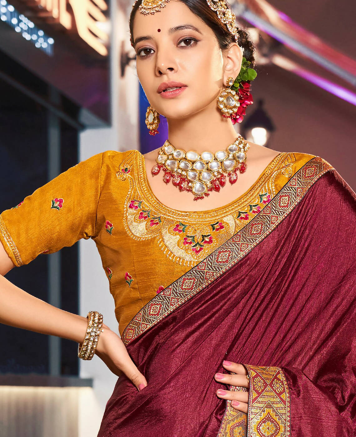 Dark Maroon Solid Vichitra Saree With Unstitched Blouse Piece - Selena | Grocsy