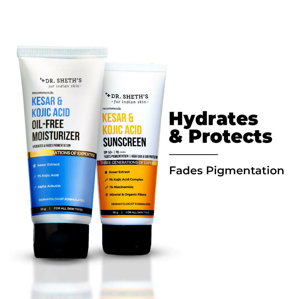 Dr. Sheth's Kesar & Kojic Acid Sunscreen & Oil-Free Moisturizer Combo - Hydrates & Fades Pigmentation | Grocsy