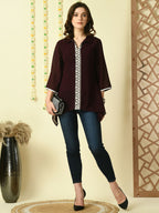 Myshka Women's Coffee Brown Embroidered Party Fusion Top | Grocsy