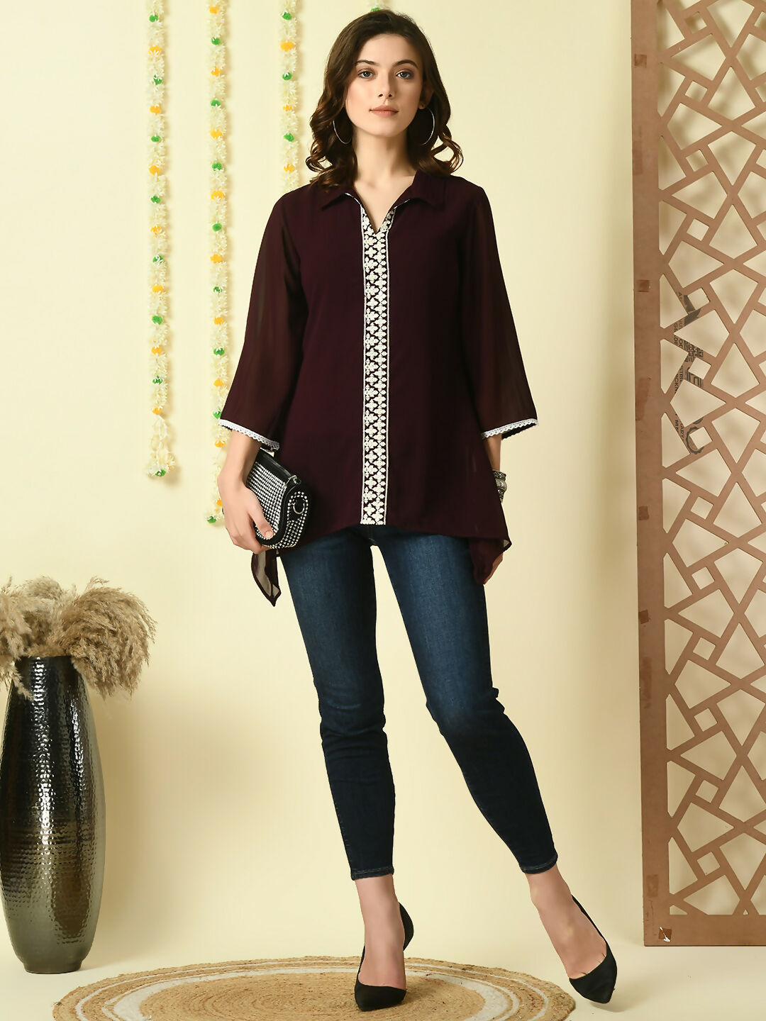 Myshka Women's Coffee Brown Embroidered Party Fusion Top | Grocsy