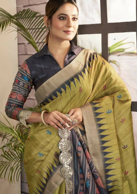 Olive Green Bhagalpuri Silk Paisley Print with Hand Mirror work Border Saree - Norita Nirvi | Grocsy