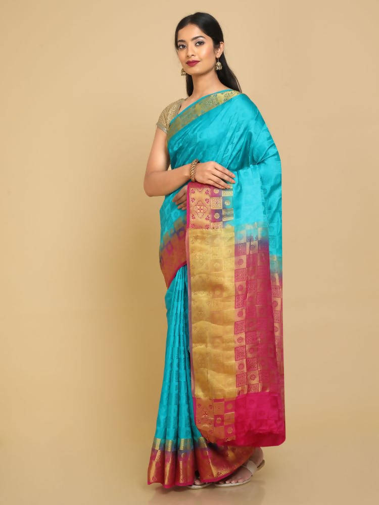 Kalamandir Checked Blue Pashmina Saree | Grocsy